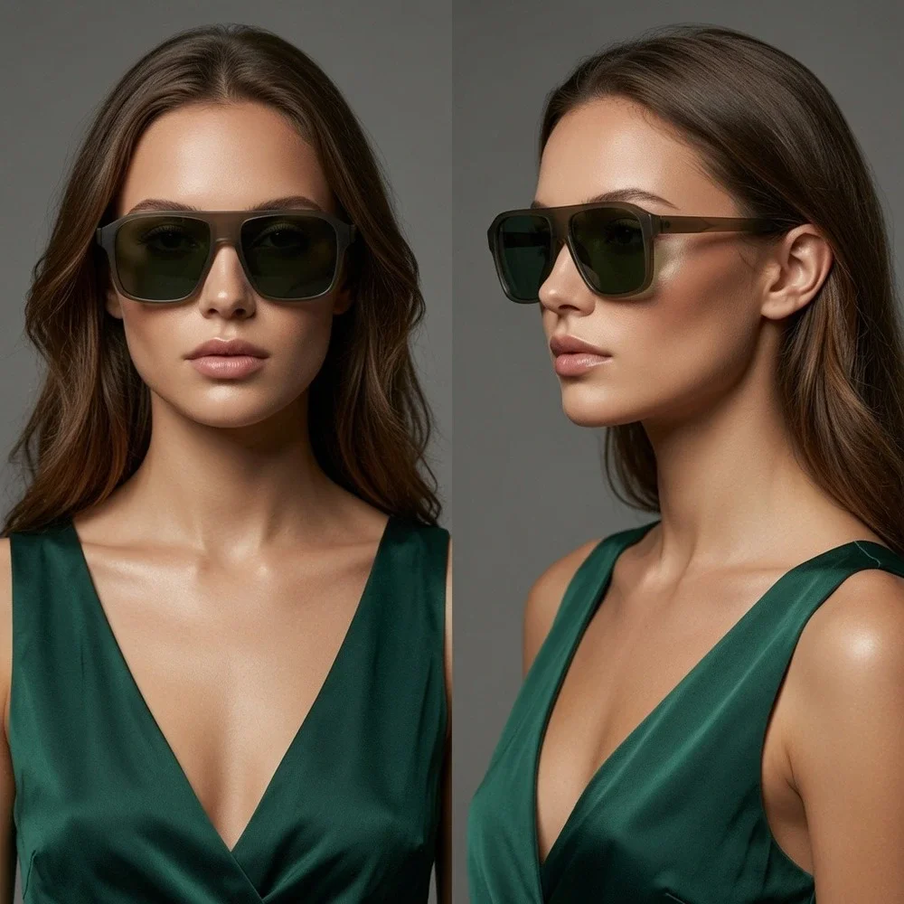 Womens Oversized Retro Sunglasses Matte Olive Green Flat Top Square Frames Gafas